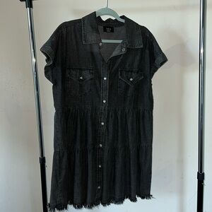 VICI size medium black denim dress! Buttons up the front with two chest pockets!